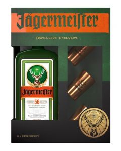 JAGERMEISTER  LIQUEUR TRAVELERS EXCLUSIVE GB+3 SHOTGLASSES  35% @100CL